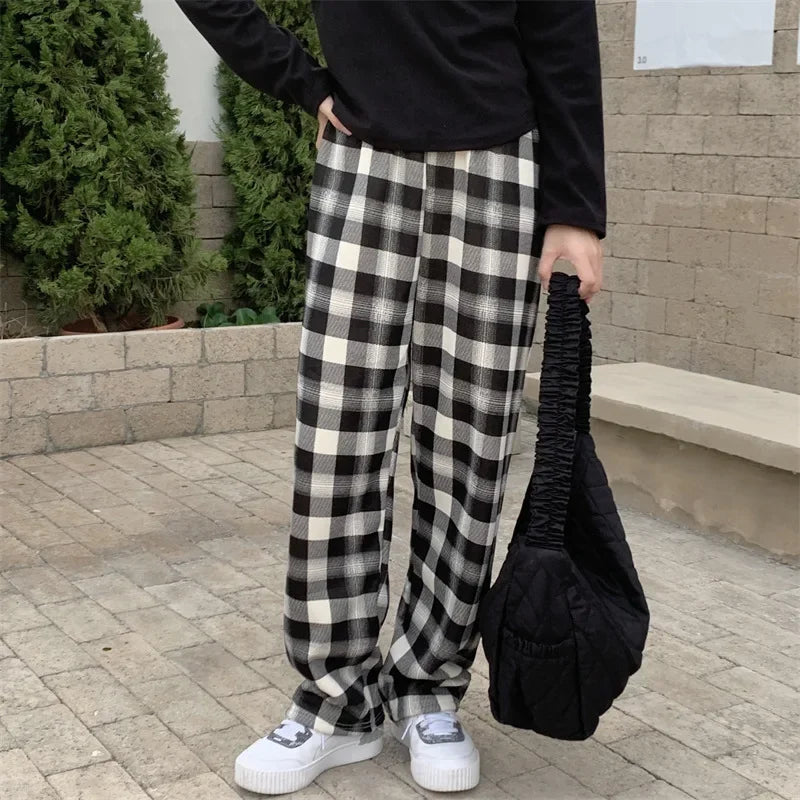 Fleece-Lined Plaid Trousers - High-Waist Straight Leg