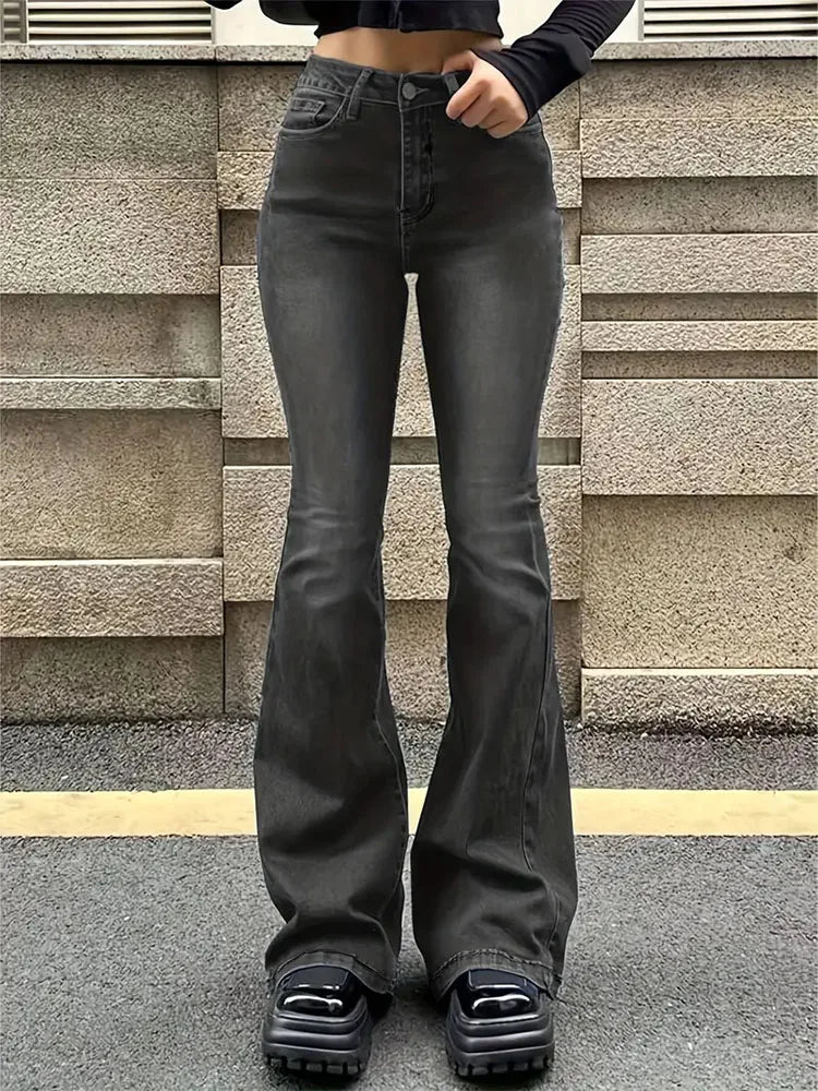 High-Waist Flare-Leg Jeans - Denim Streetwear