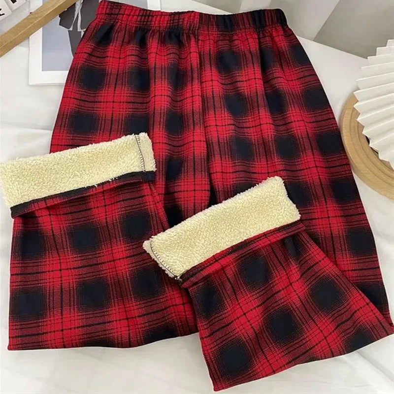 Fleece-Lined Plaid Trousers - High-Waist Straight Leg