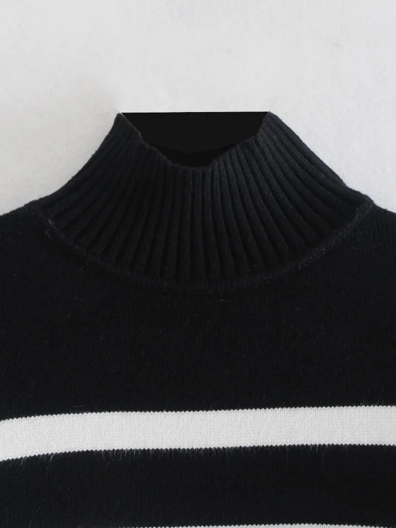 Premium Striped Turtleneck Knit Sweater - Loose Streetwear Pullover