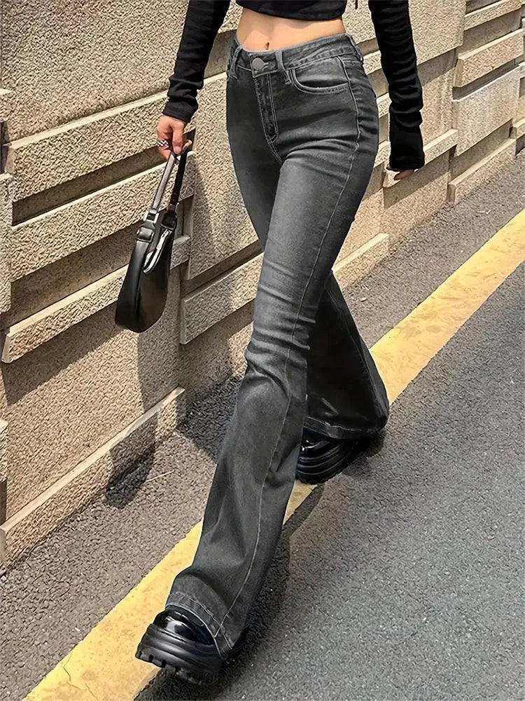High-Waist Flare-Leg Jeans - Denim Streetwear