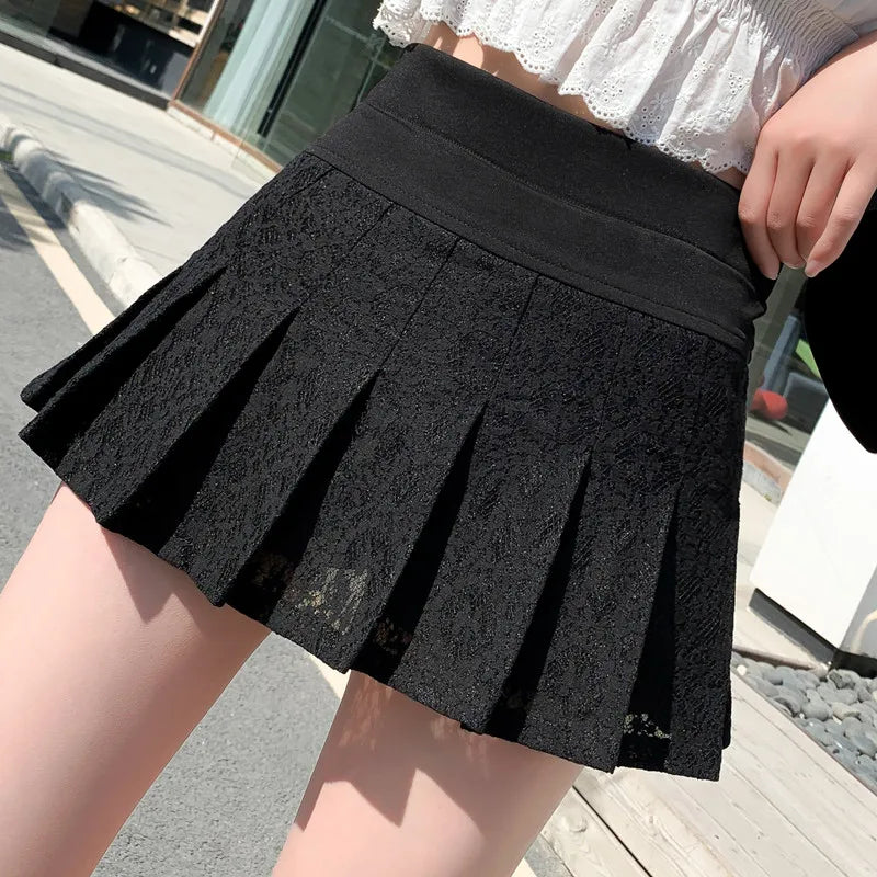 Premium Lace Pleated Mini Skirt - High Waist Sweet Style