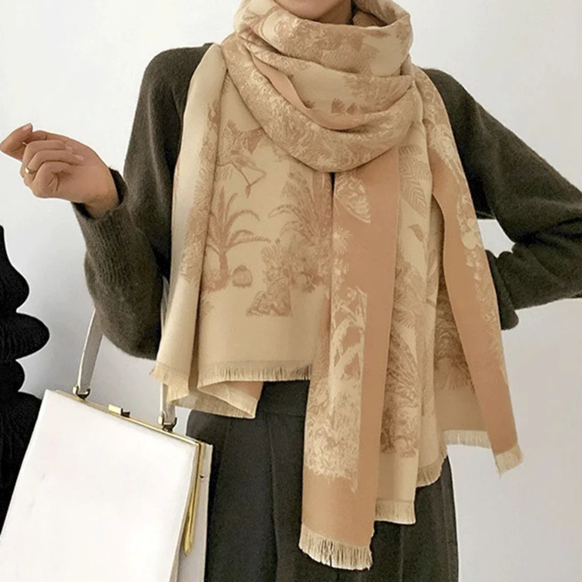 Luxury Floral Cashmere-Feel Winter Scarf - Fringed Shawl Wrap