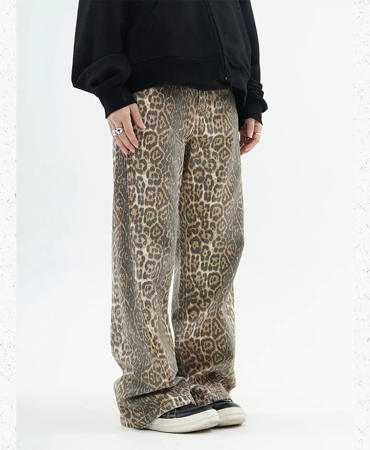 High-Waist Leopard Print Wide-Leg Jeans - Everyday Denim