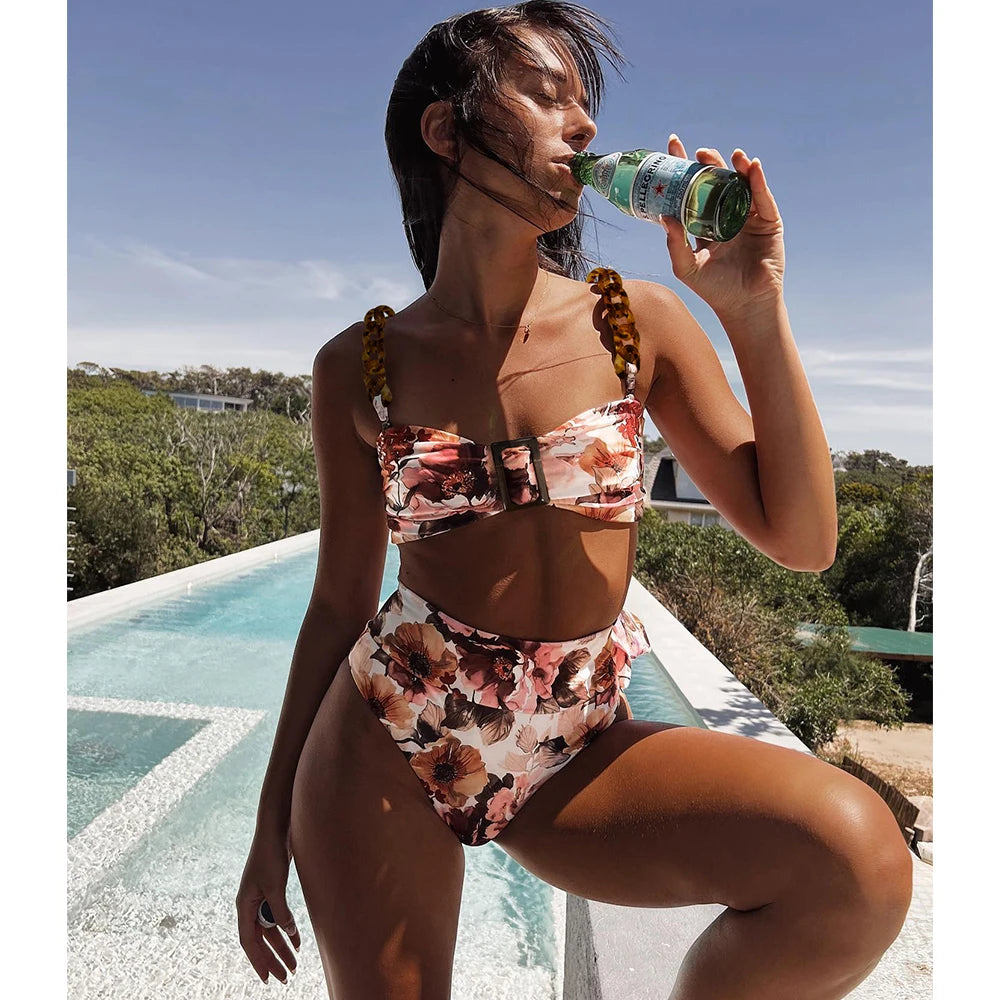 Ribbed Ruffle Bandeau Bikini - High Waist Brazilian Set