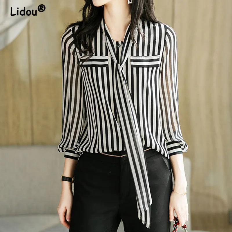 Striped Chiffon Office Blouse - Long Sleeve Bow Neck Top
