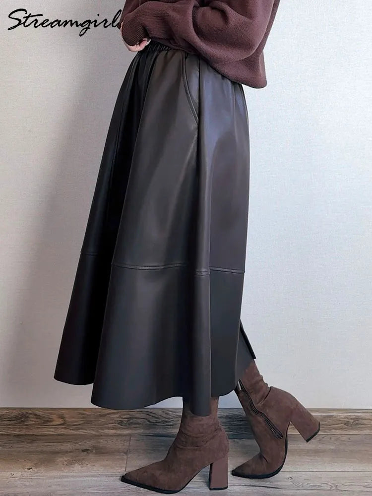 Premium PU Leather Midi Skirt - High Waist A-Line Design