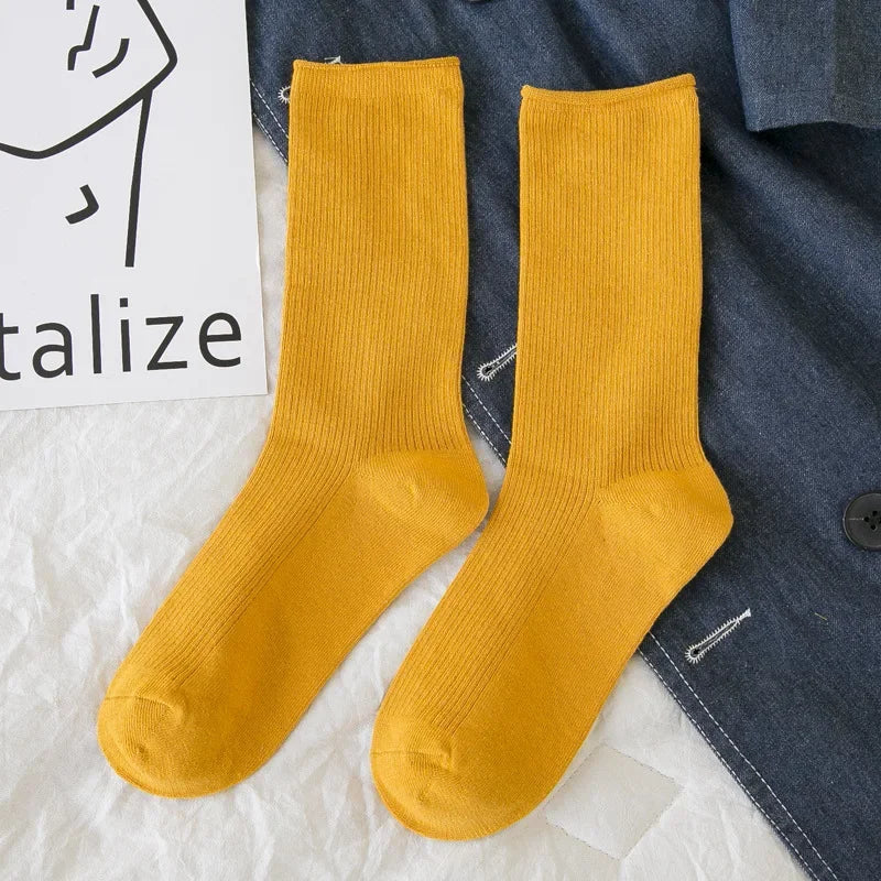 Solid Color Crew Socks - Breathable Preppy Mid-Calf Style