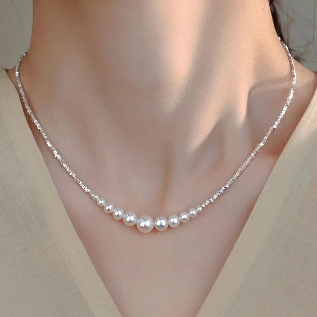 Layered Pearl Necklace - Minimalist Stainless Steel Chain
