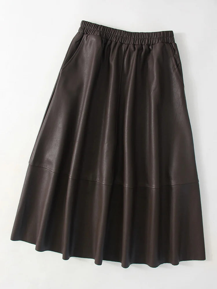 Premium PU Leather Midi Skirt - High Waist A-Line Design