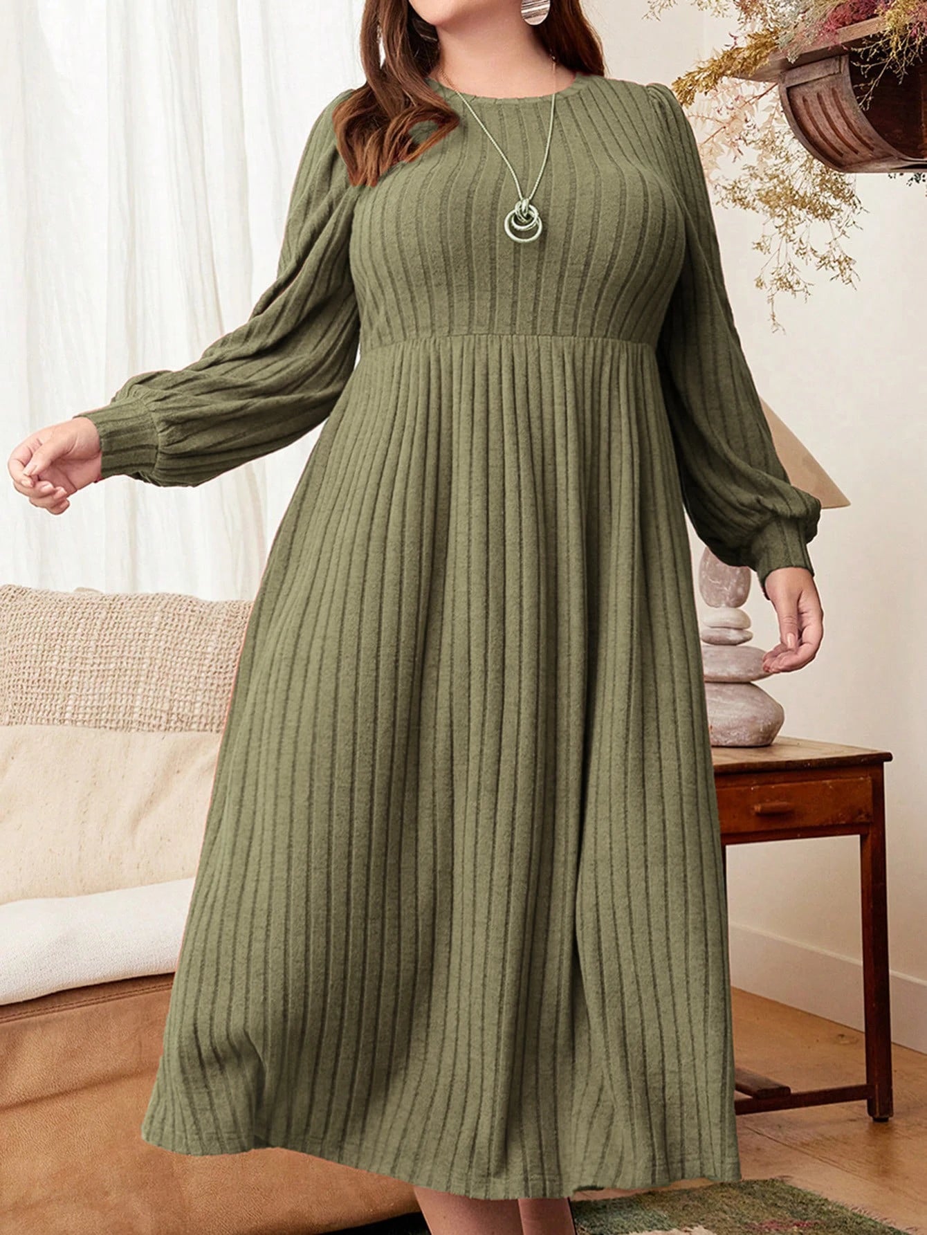 Plus Size Long Sleeve Maxi Dress - Solid Round Neck Elegance