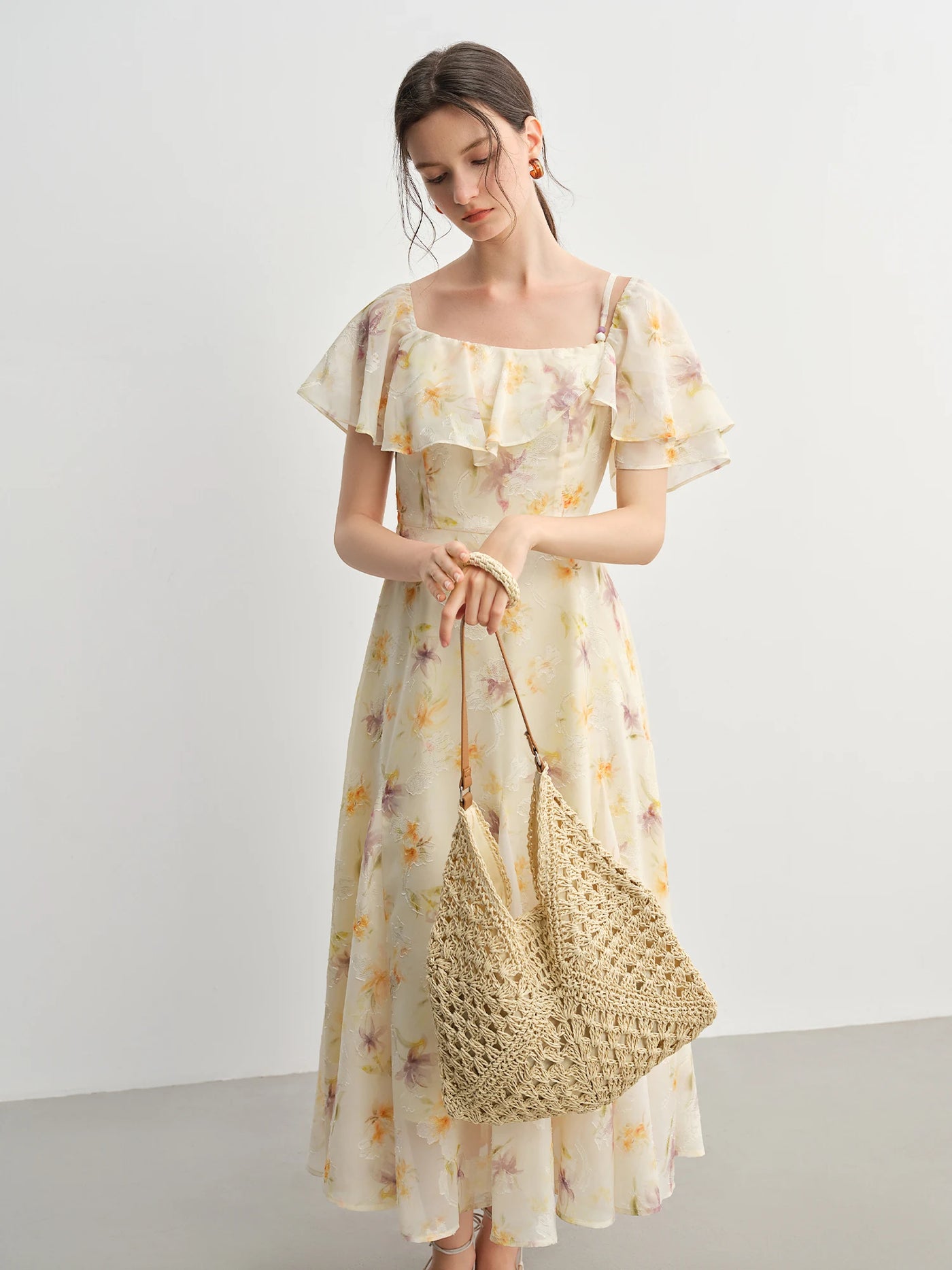 DUSHU Summer 2025 Printed Dress - Fluid Ruffle Hem Botanical Midi Maxi Resort to Office