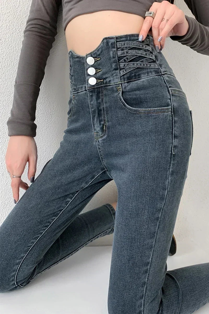 High-Waist Skinny Jeans - Denim Streetwear