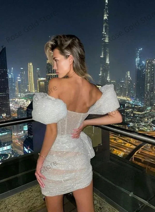 Glitter White Prom Dress Shiny Mini Party Dress Off The Shoulder  Short Evening Dress Flashing Beading Evening Dress Customized