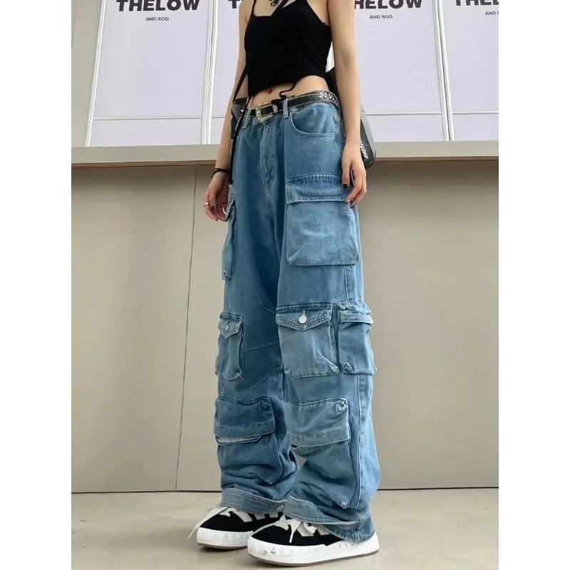 Cargo High-Waist Washed Wide-Leg Jeans - Denim Streetwear