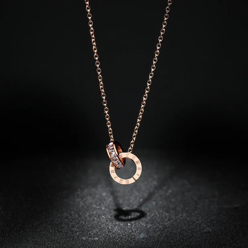 Luxury Roman Crystal Circle Choker Necklace - Stainless Steel Pendant