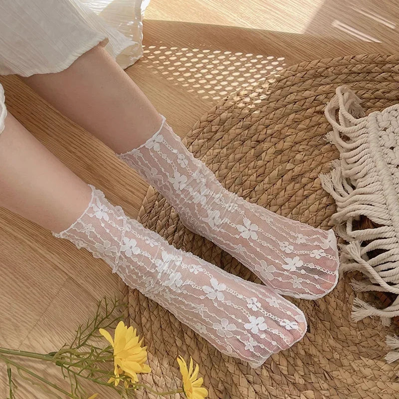 Transparent Floral Lace Socks - Breathable Mesh Dress Style