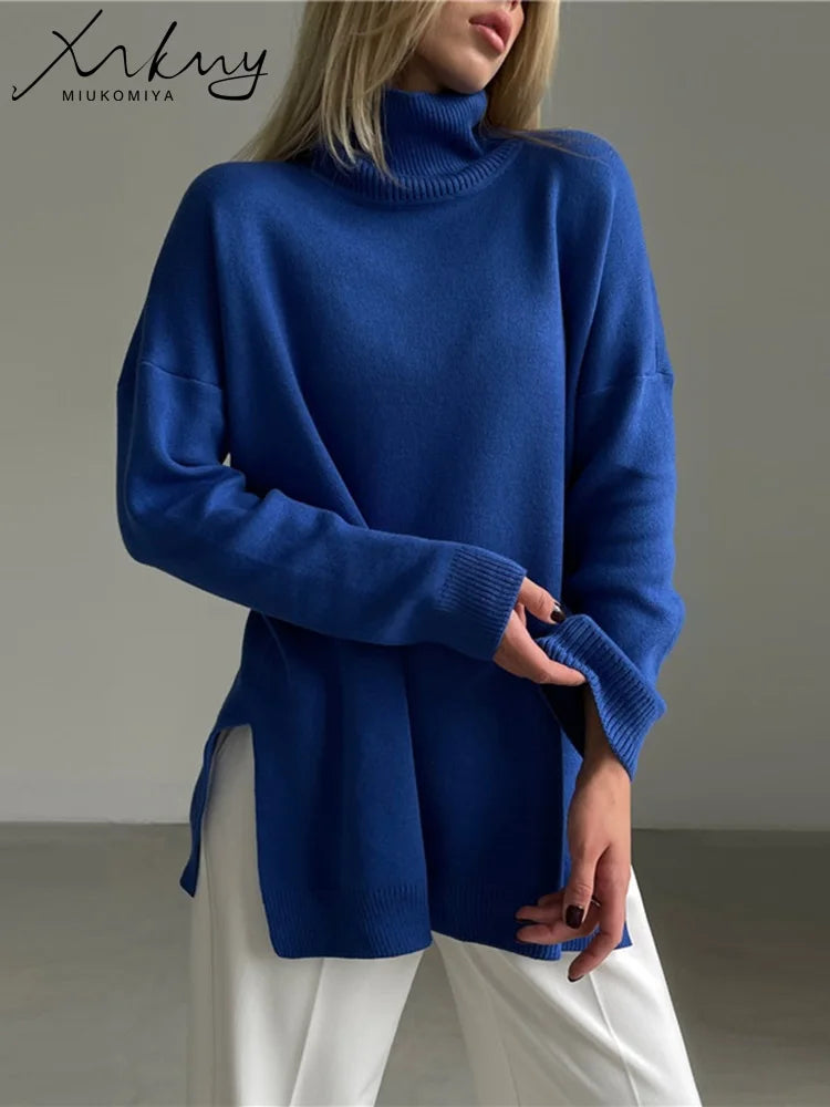 Oversized Turtleneck Sweater - Side Split Cozy Jumper