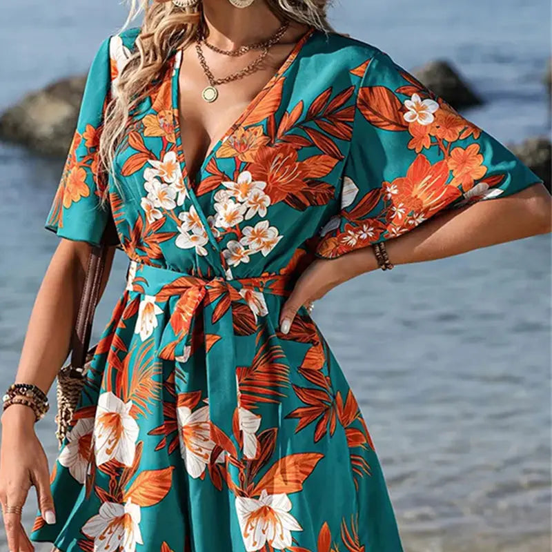 Short Sleeve Wide-Leg Jumpsuit - Vacation Style