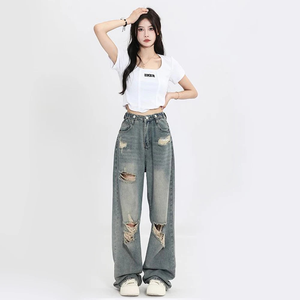 High-Waist Distressed Wide-Leg Jeans - Vintage Streetwear Fit
