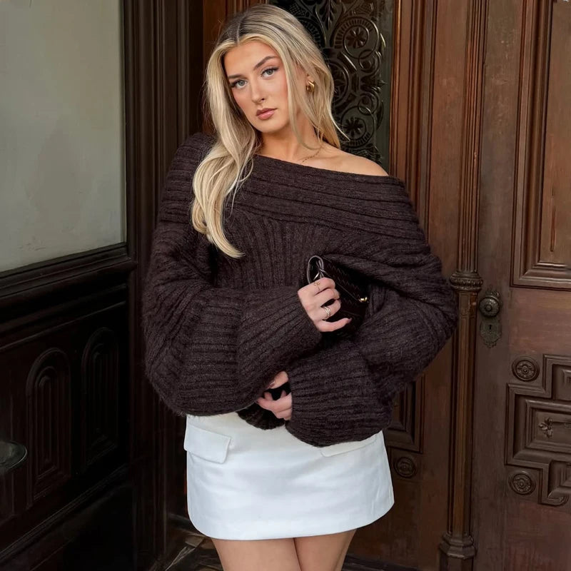 Off-Shoulder Knit Sweater - Relaxed Retro Pullover
