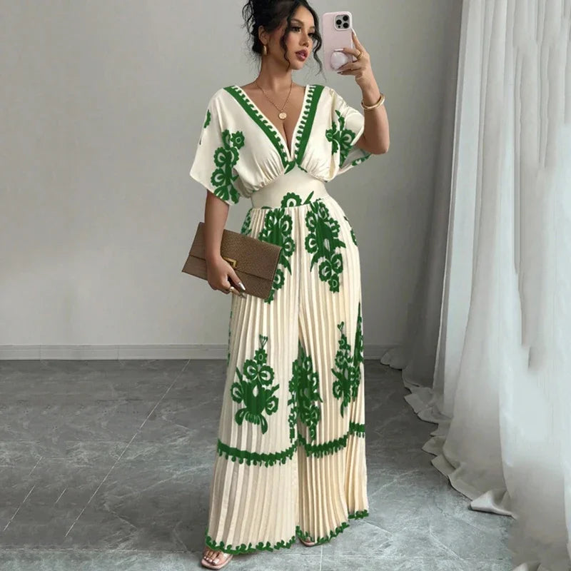 Deep V-Neck Short Sleeve Wide-Leg Jumpsuit - Elegant One-Piece