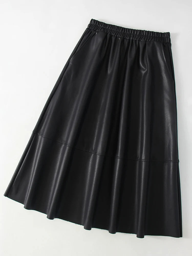 Premium PU Leather Midi Skirt - High Waist A-Line Design