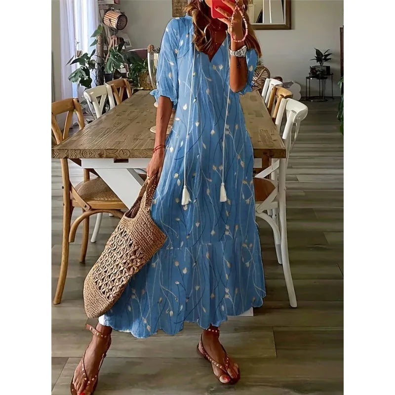 Bohemian Floral Maxi Dress - Relaxed V-Neck Summer Style