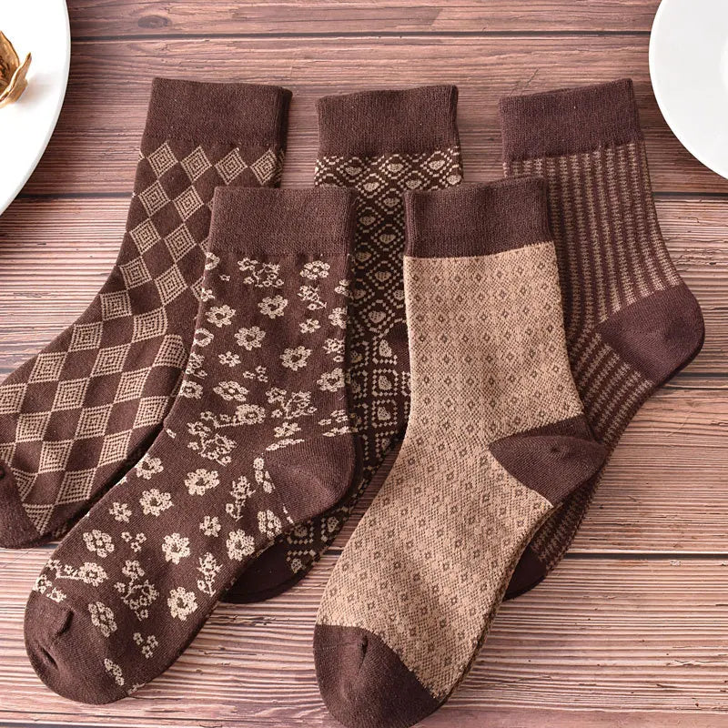 Retro Embroidered Flower Socks - 5 Pair Cozy Gift Set