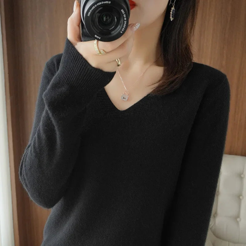 Premium V-Neck Knit Sweater - Soft Solid Color Pullover