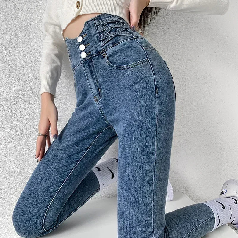 High-Waist Skinny Jeans - Denim Streetwear