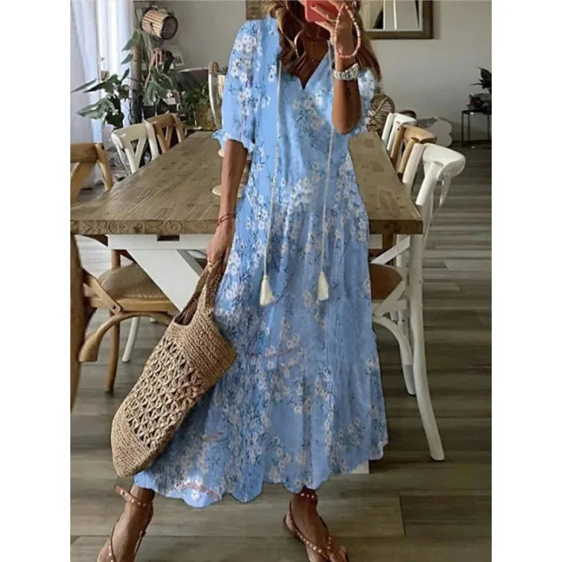 Bohemian Floral Maxi Dress - Relaxed V-Neck Summer Style