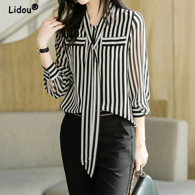 Striped Chiffon Office Blouse - Long Sleeve Bow Neck Top