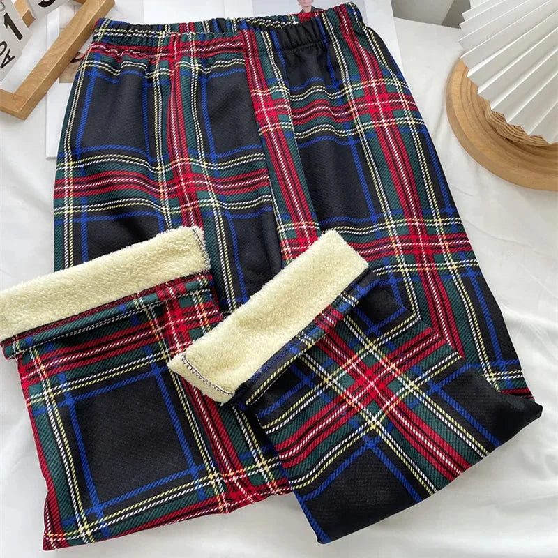 Fleece-Lined Plaid Trousers - High-Waist Straight Leg