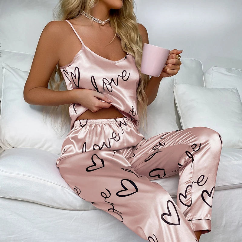 Satin Lace Cami Pajama Set - Elegant Two-Piece Sleepwear