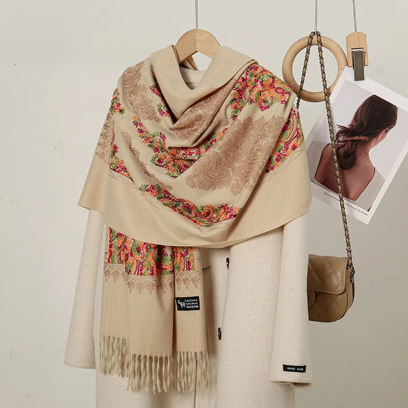 Luxury Floral Cashmere-Feel Winter Scarf - Fringed Shawl Wrap