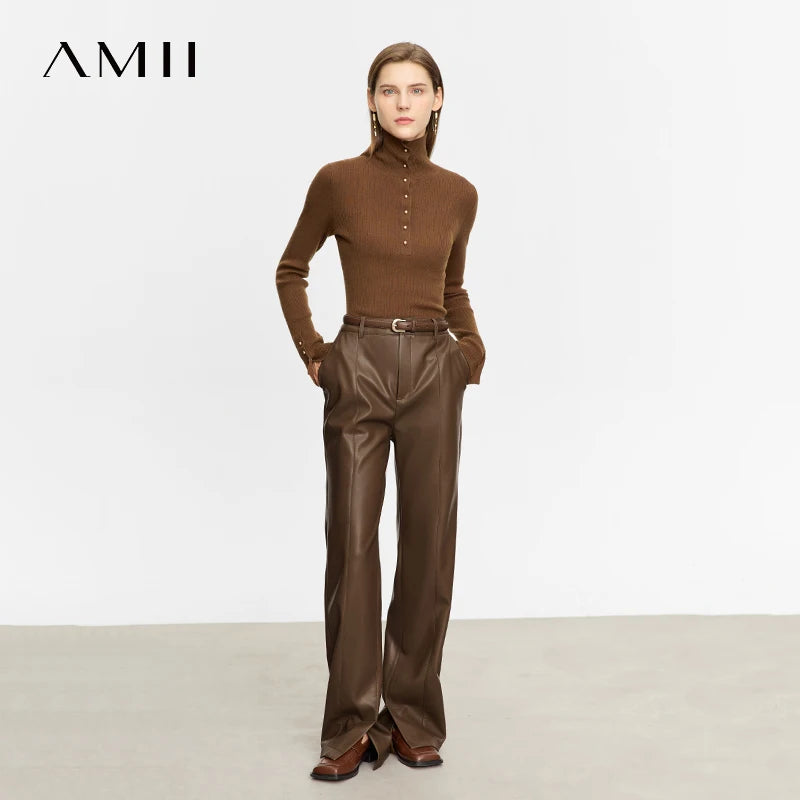 Minimalist PU Leather Straight Pants - Floor-Length Style