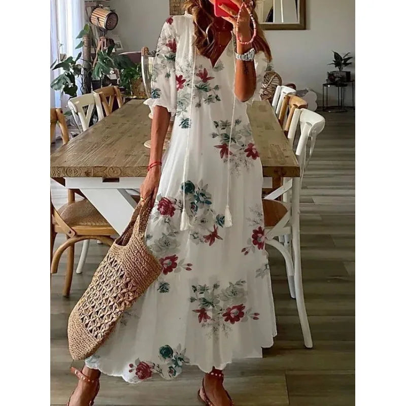 Bohemian Floral Maxi Dress - Relaxed V-Neck Summer Style