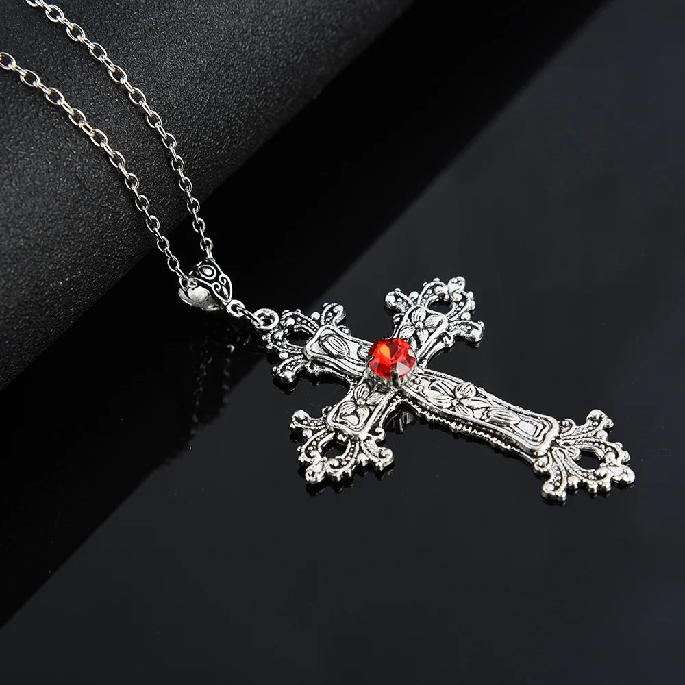 Y2K Crystal Cross Pendant Necklace - Gothic Choker Chain