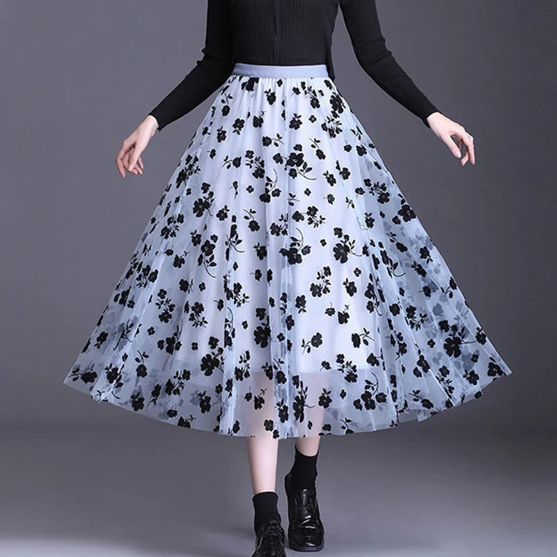 Premium Tulle Floral Midi Skirt - Elegant Mesh A-Line Style