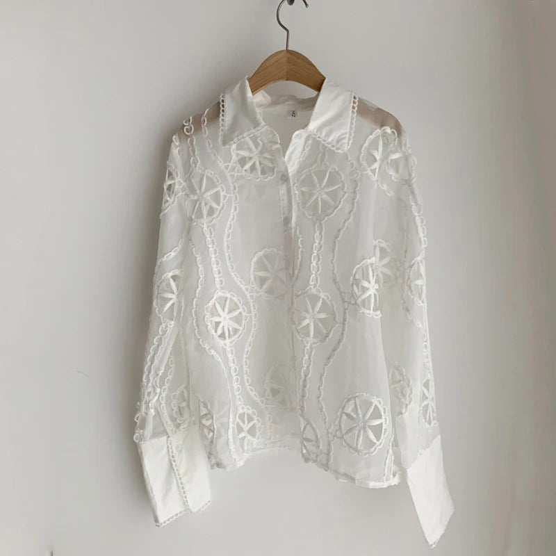 Floral Embroidered White Blouse - Long Sleeve Vintage Shirt