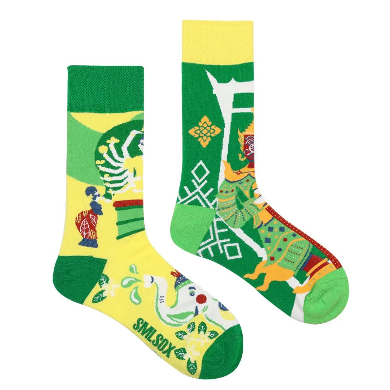 Colorful Print Cotton Socks - Unisex Mid-Tube Casual Pair