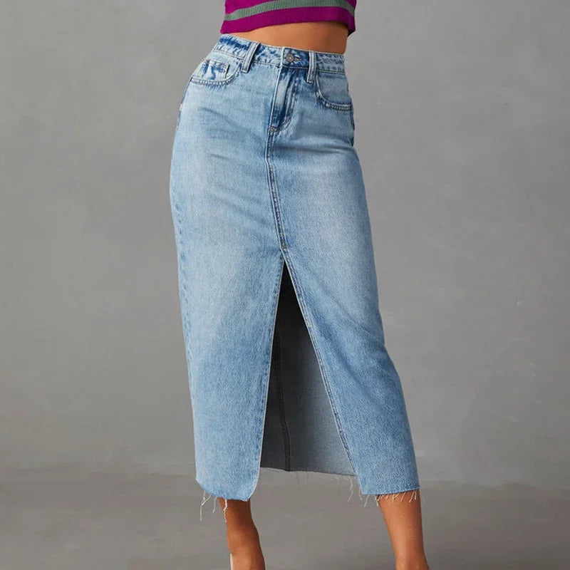 Premium Denim Split Midi Skirt - High Waist Streetwear Style