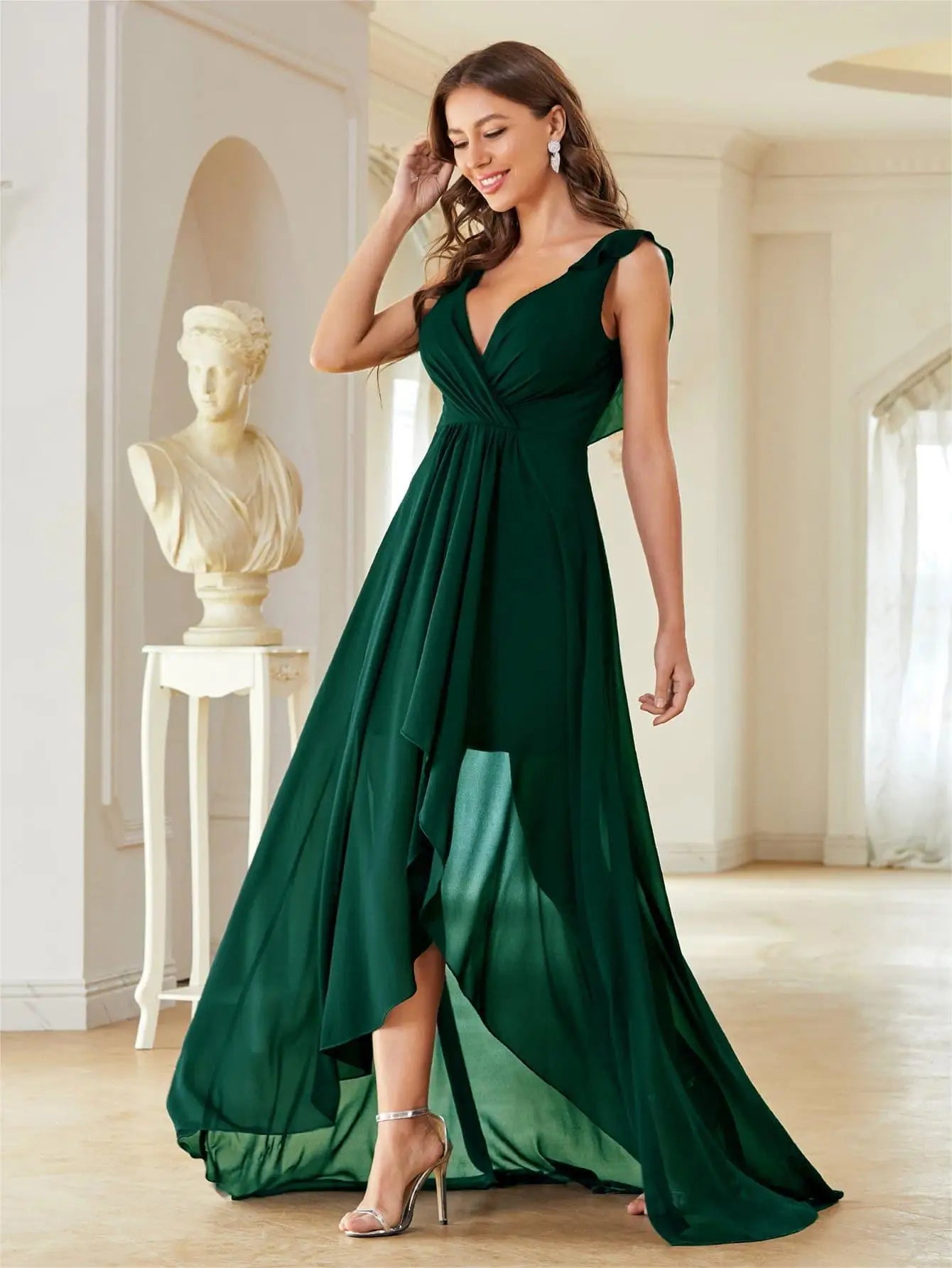 Sexy V-neck Backless High Low Ruched Chiffon Long Cocktail Party Dress