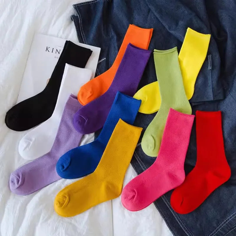 Solid Color Crew Socks - Breathable Preppy Mid-Calf Style