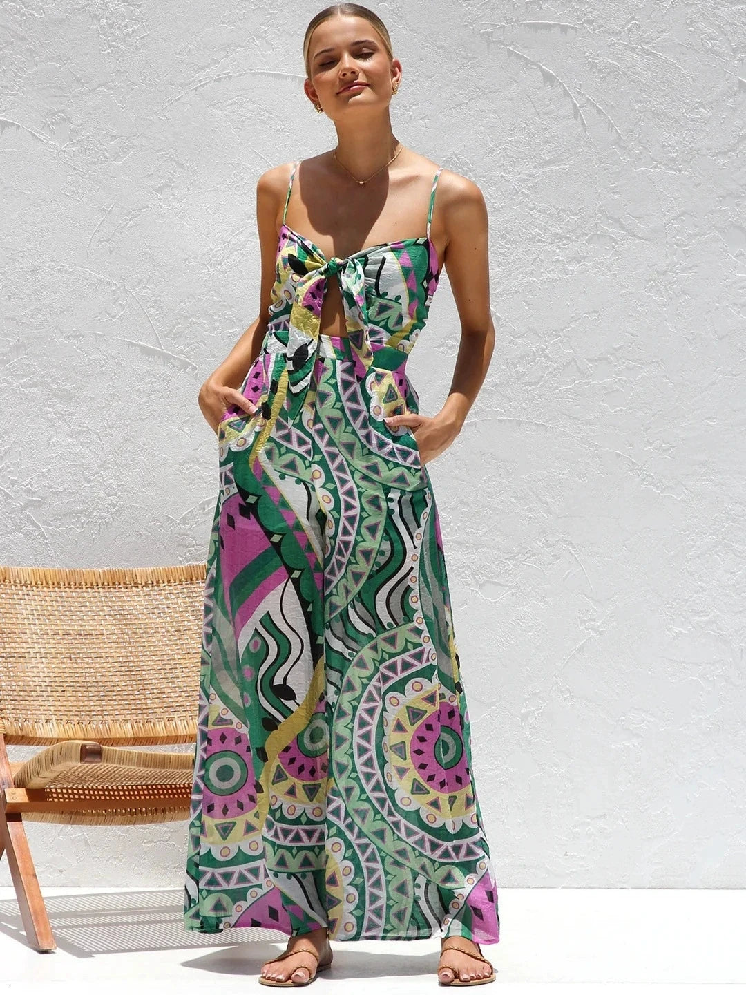 Spaghetti Strap Wide-Leg Jumpsuit - Vacation Style