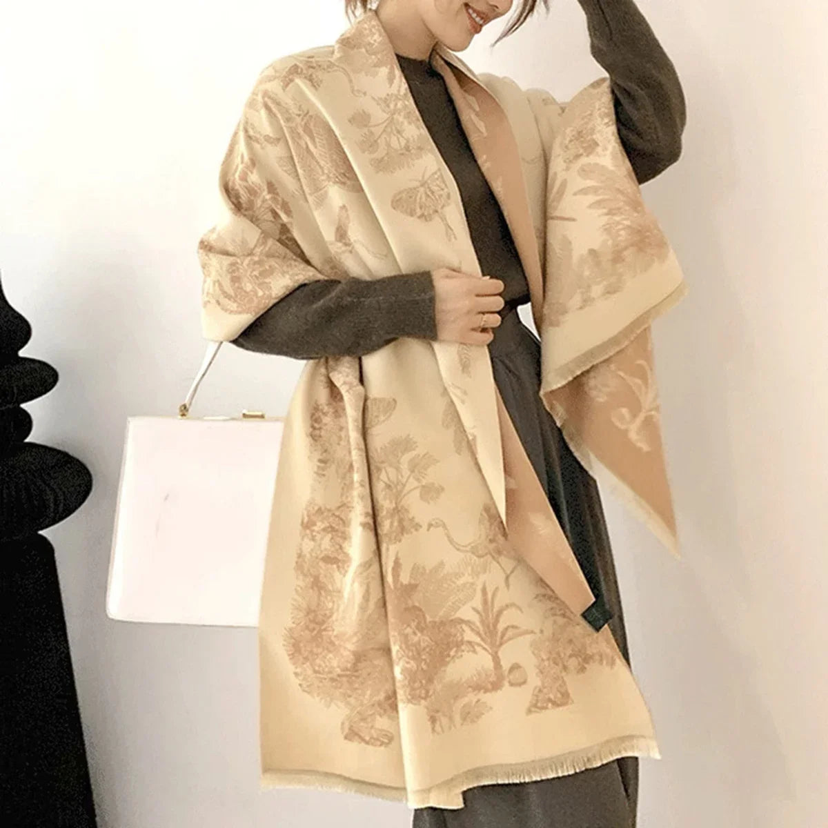 Luxury Floral Cashmere-Feel Winter Scarf - Fringed Shawl Wrap
