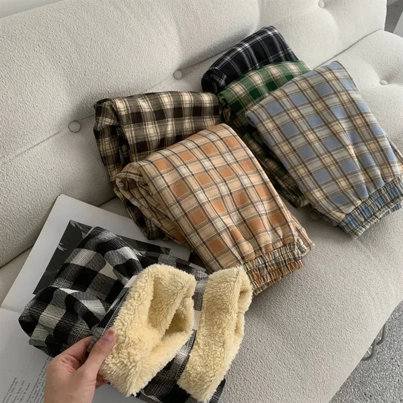 Fleece-Lined Plaid Trousers - High-Waist Straight Leg