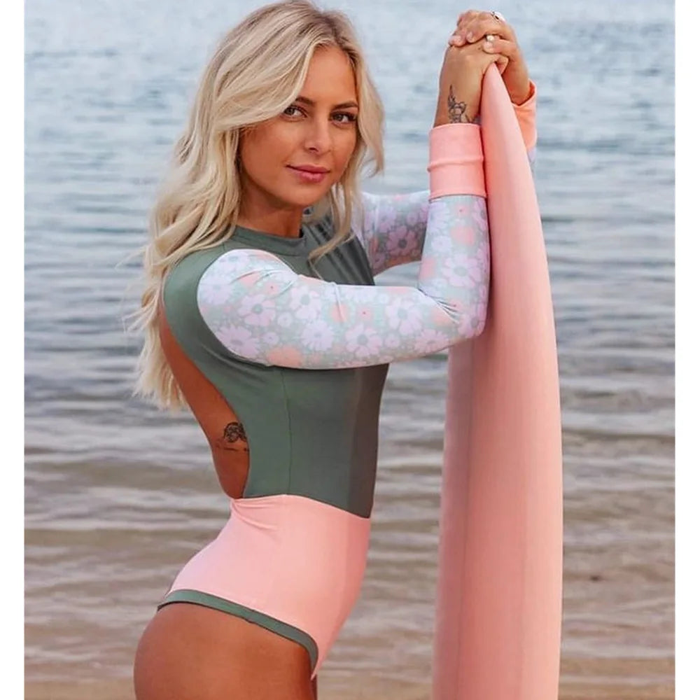 Long Sleeve Surf Swimsuit - Printed Retro One-Piece