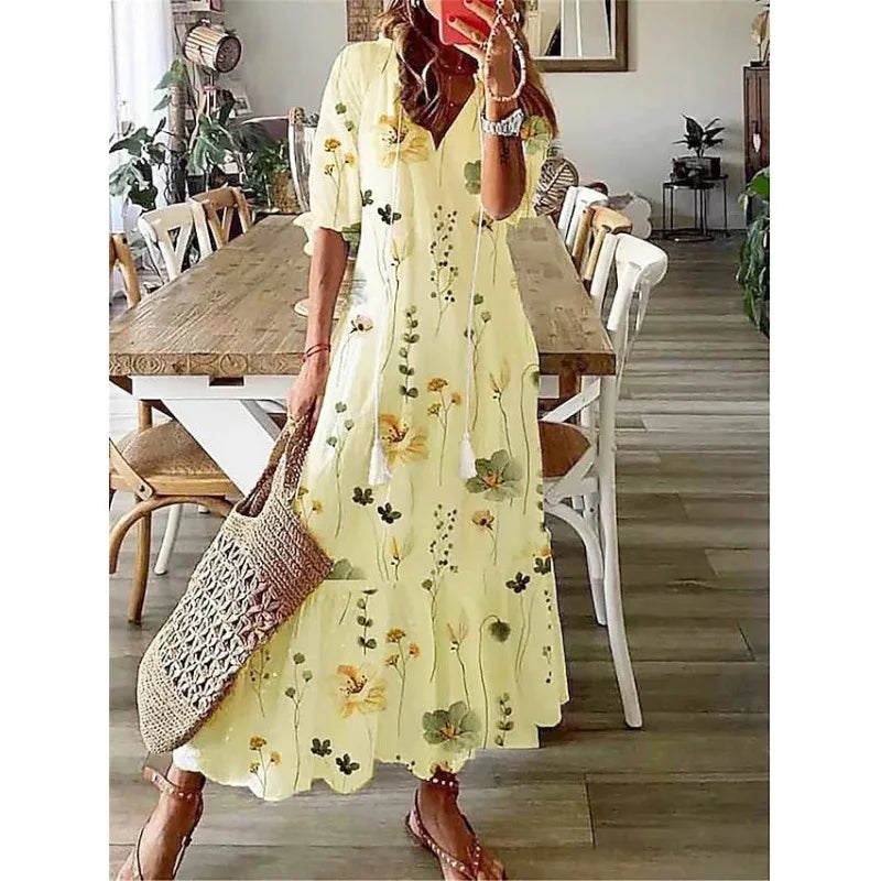 Bohemian Floral Maxi Dress - Relaxed V-Neck Summer Style